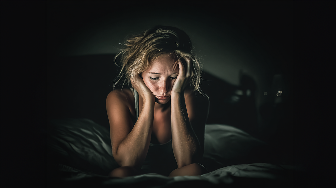 bezsenność kobiety siedzącej na łóżku