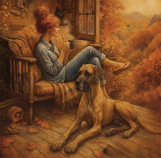 kobieta siedzi we foteli z kubkiem herbaty i patrzy w dal na krajobraz, obok leży dog niemiecki